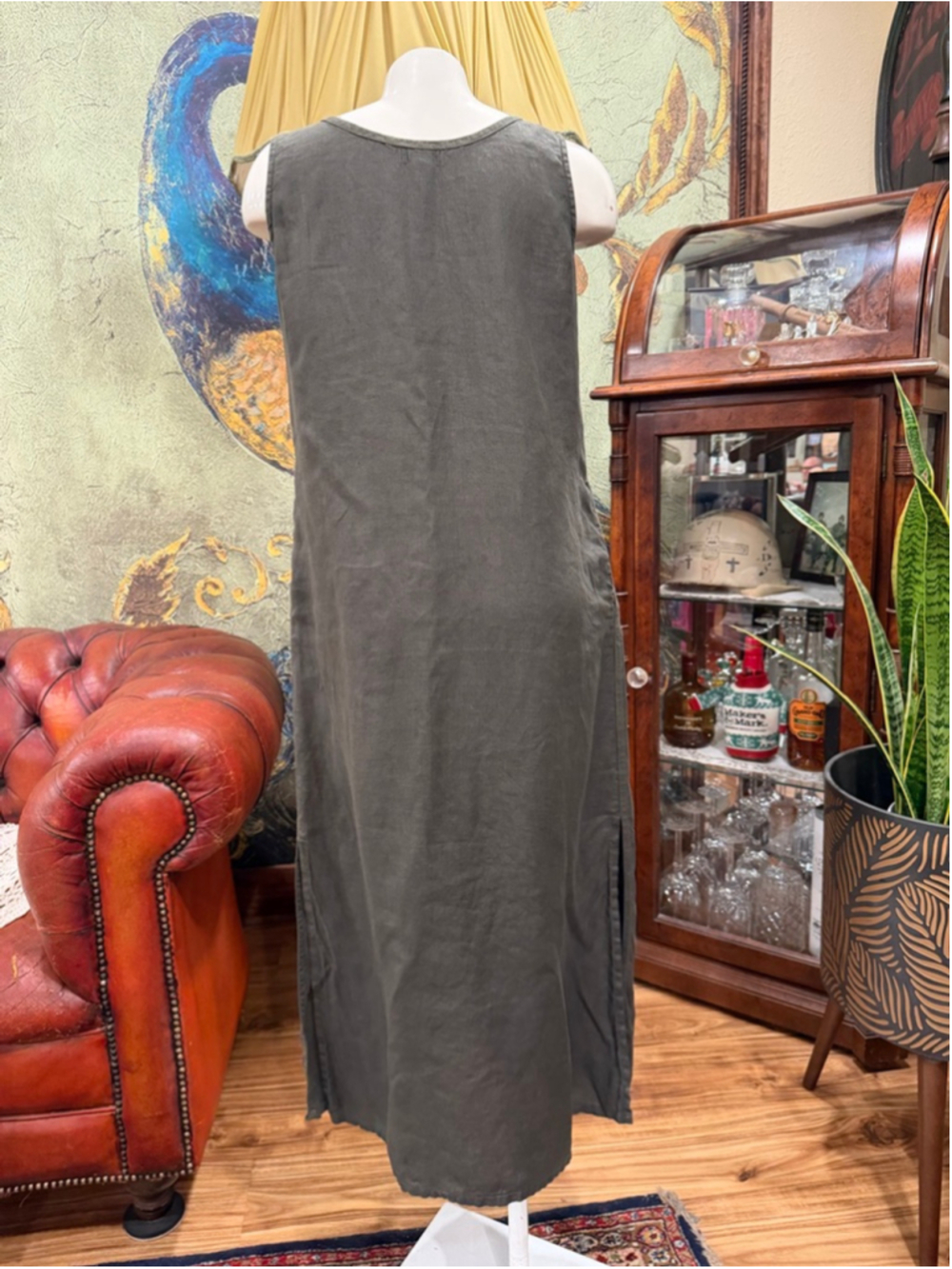 POSTCARD Italy Linen Midi Dress Army Green Button Front Boho Coastal Minimalist - Picture 6 of 12